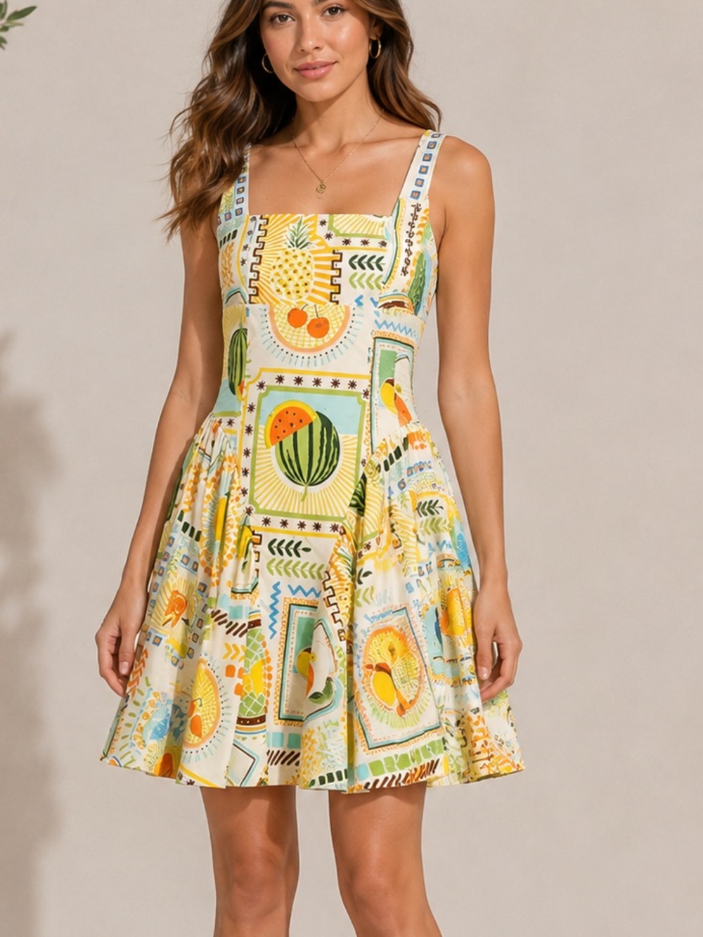 Moon River fit and flare all over fruit Print Tie Waist Midi Dress womens medium